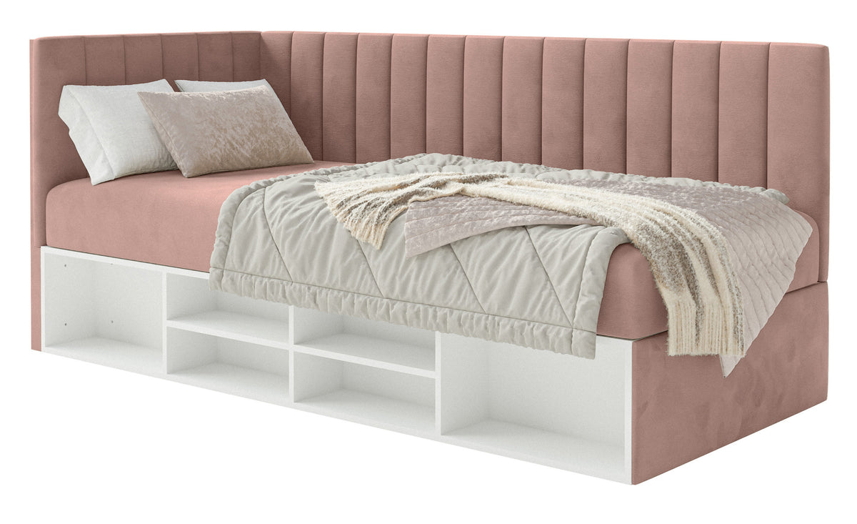 Lit jeune 90x200 cm Ventrio gauche avec rangement et étagères velours hydrofuge rose clair facile à nettoyer