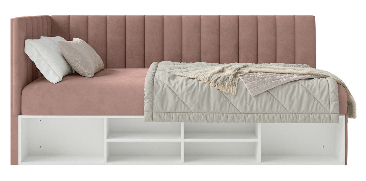 Lit jeune 90x200 cm Ventrio gauche avec rangement et étagères velours hydrofuge rose clair facile à nettoyer