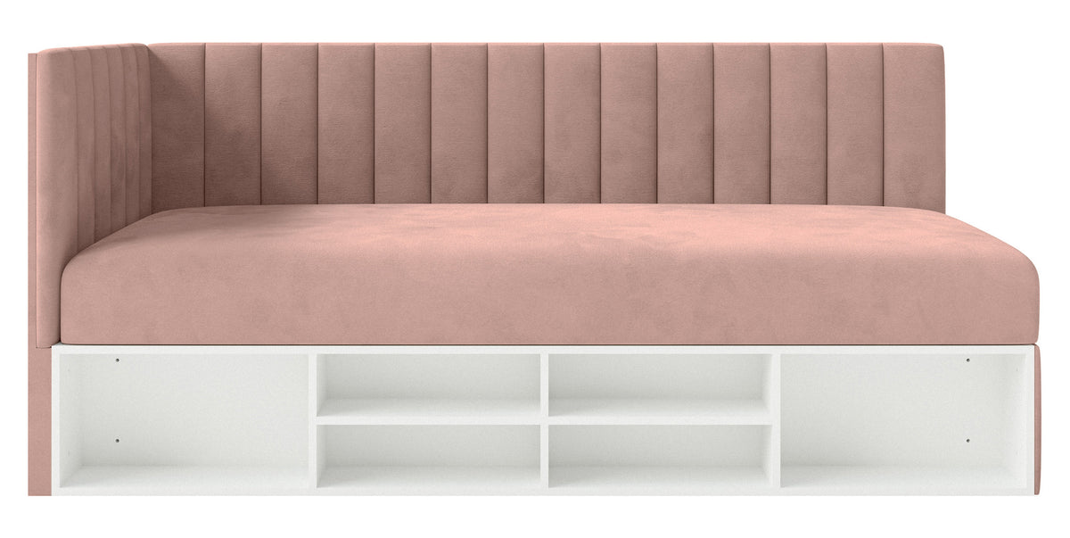 Lit jeune 90x200 cm Ventrio gauche avec rangement et étagères velours hydrofuge rose clair facile à nettoyer