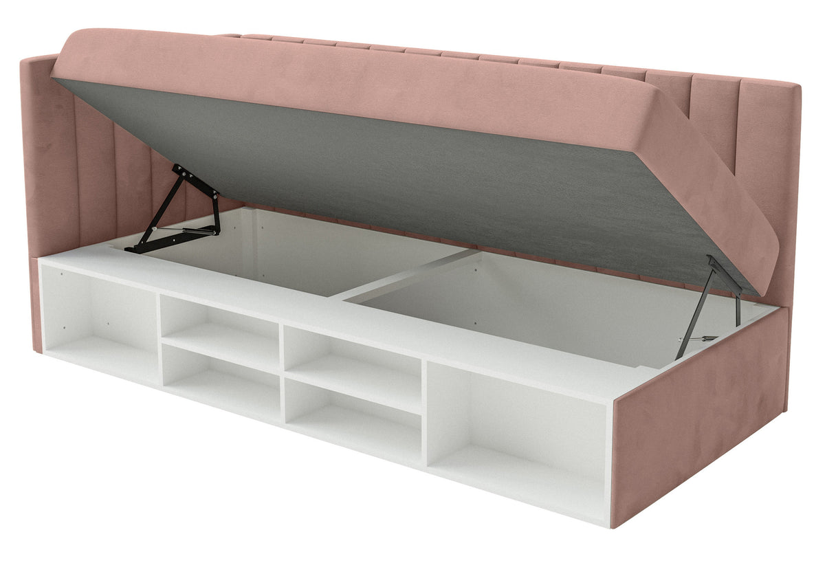 Lit jeune 90x200 cm Ventrio gauche avec rangement et étagères velours hydrofuge rose clair facile à nettoyer