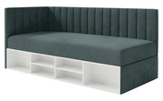 Lit 90x200 cm Ventrio pour adolescent, côté gauche, avec rangement et étagères, velours hydrofuge bleu-gris facile à nettoyer