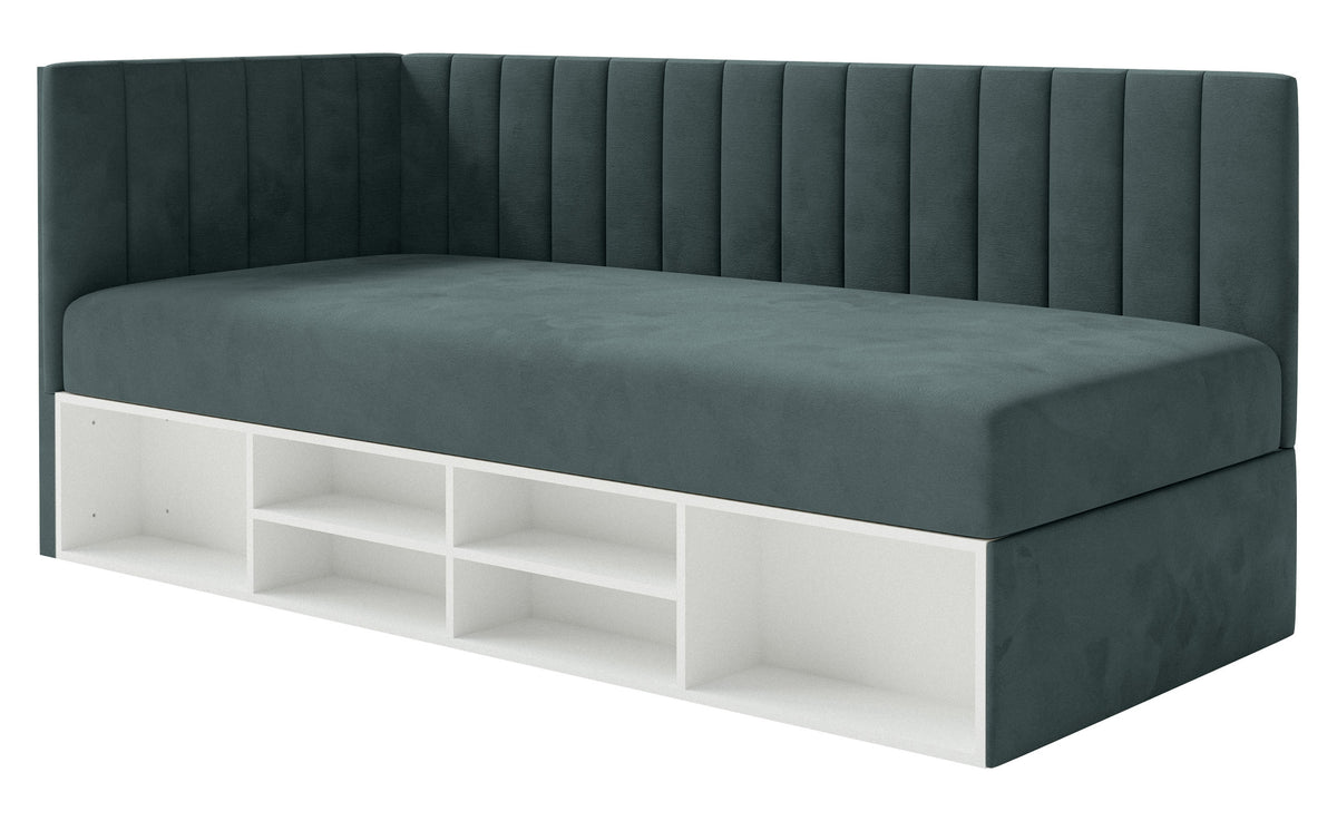 Lit 90x200 cm Ventrio pour adolescent, côté gauche, avec rangement et étagères, velours hydrofuge bleu-gris facile à nettoyer