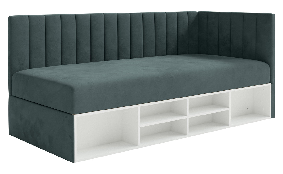 Lit 90x200 cm Ventrio pour adolescent, côté droit, avec rangement et étagères, velours hydrofuge bleu-gris facile à nettoyer