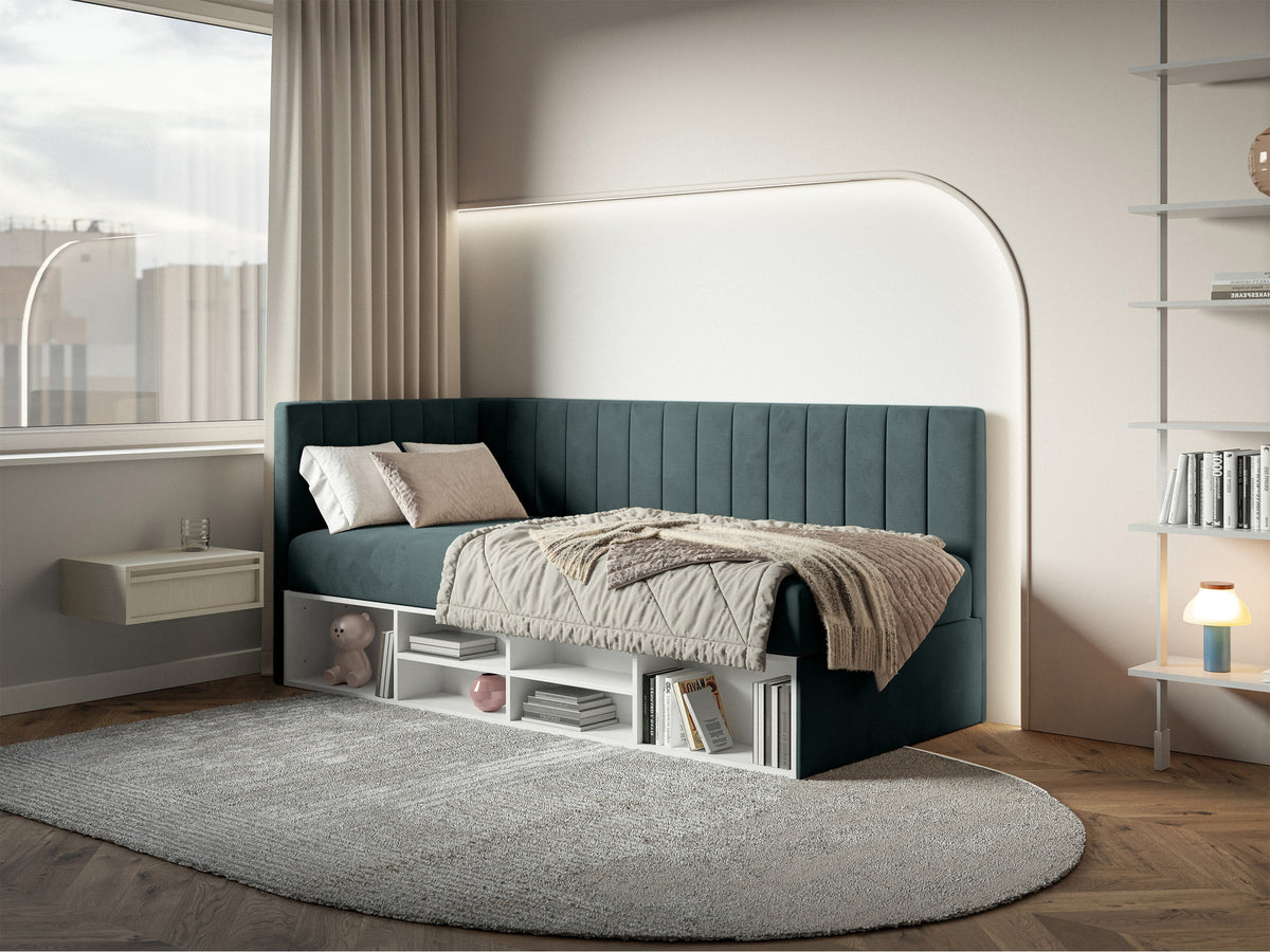 Lit 90x200 cm Ventrio pour adolescent, côté gauche, avec rangement et étagères, velours hydrofuge bleu-gris facile à nettoyer