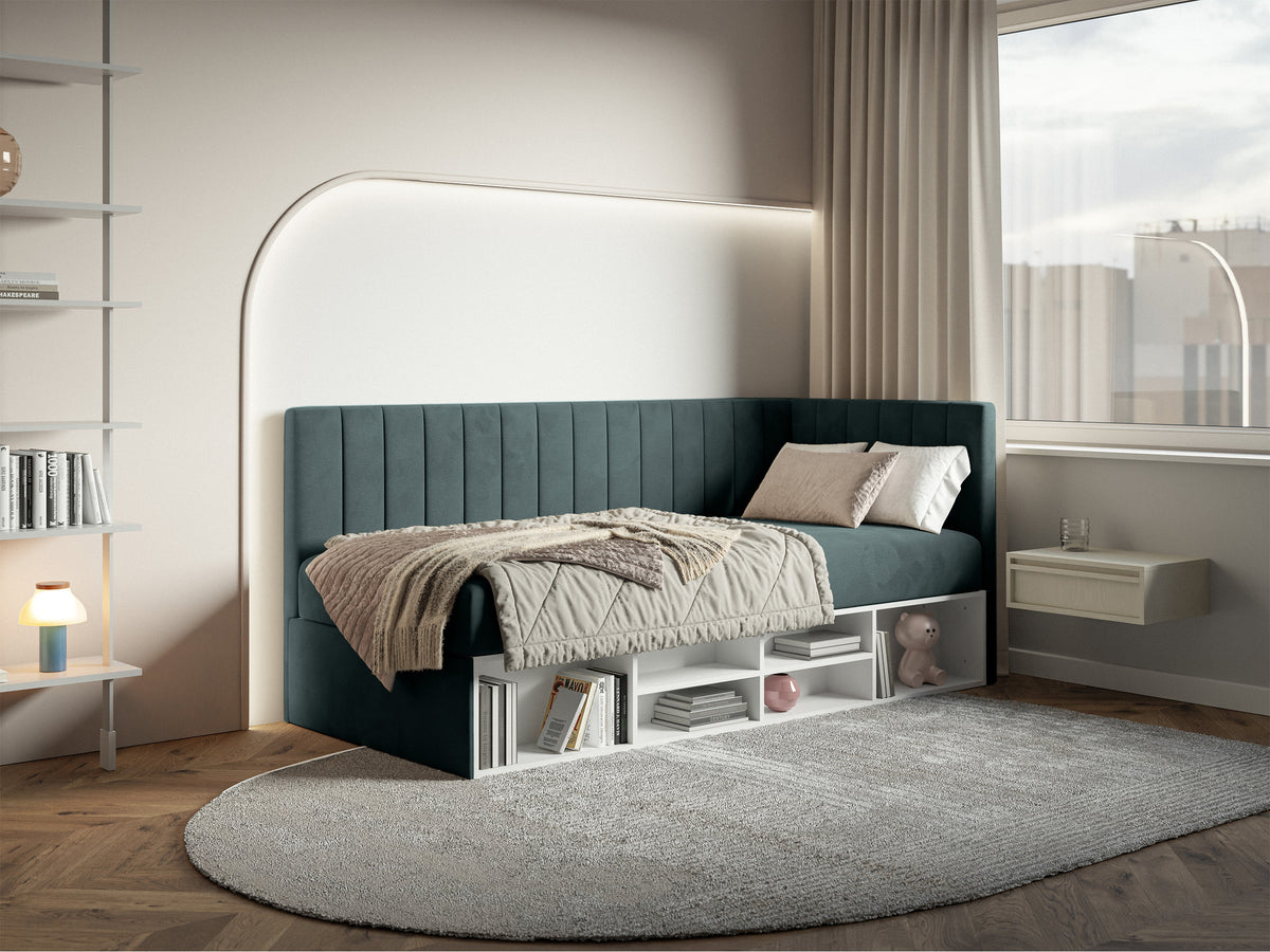 Lit 90x200 cm Ventrio pour adolescent, côté droit, avec rangement et étagères, velours hydrofuge bleu-gris facile à nettoyer