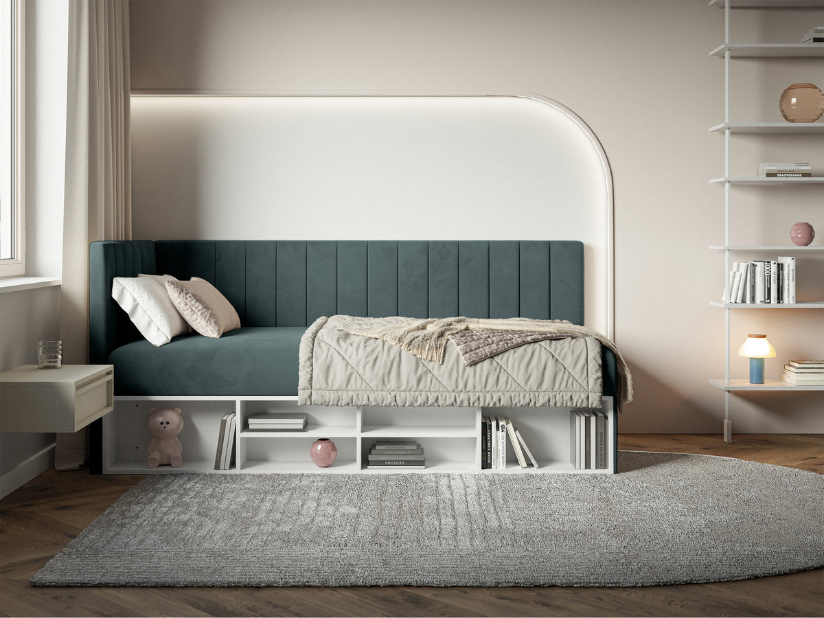 Lit 90x200 cm Ventrio pour adolescent, côté gauche, avec rangement et étagères, velours hydrofuge bleu-gris facile à nettoyer