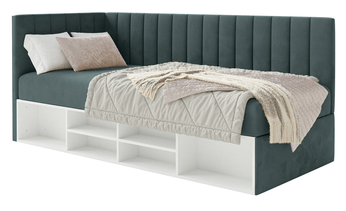 Lit 90x200 cm Ventrio pour adolescent, côté gauche, avec rangement et étagères, velours hydrofuge bleu-gris facile à nettoyer