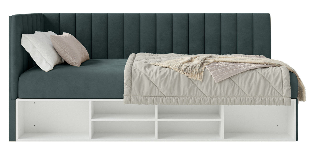 Lit 90x200 cm Ventrio pour adolescent, côté gauche, avec rangement et étagères, velours hydrofuge bleu-gris facile à nettoyer