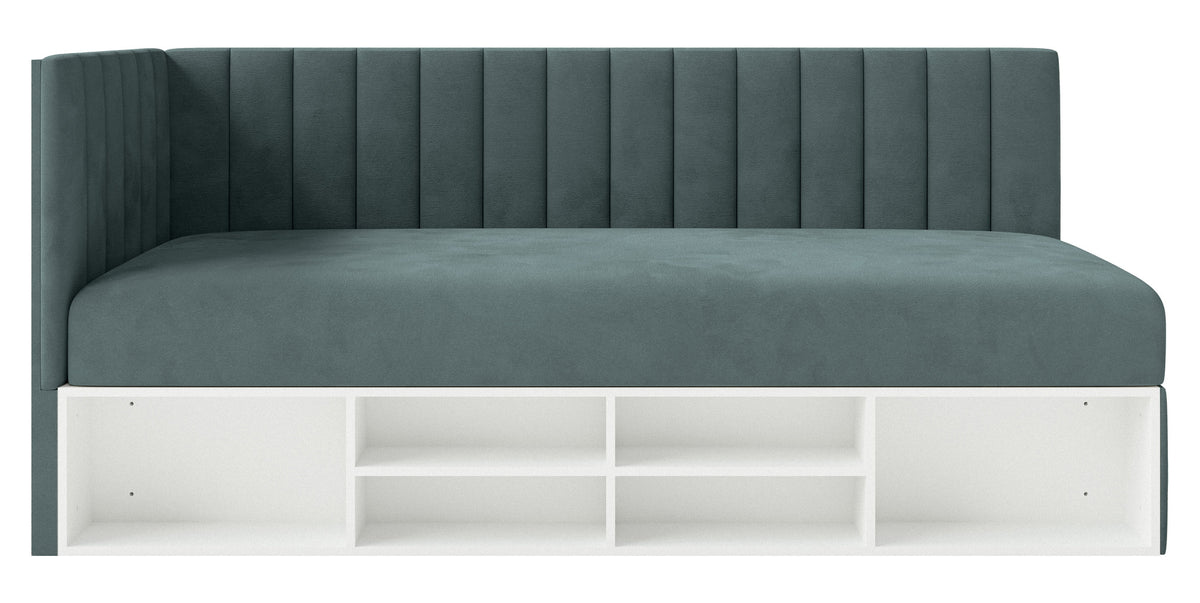 Lit 90x200 cm Ventrio pour adolescent, côté gauche, avec rangement et étagères, velours hydrofuge bleu-gris facile à nettoyer
