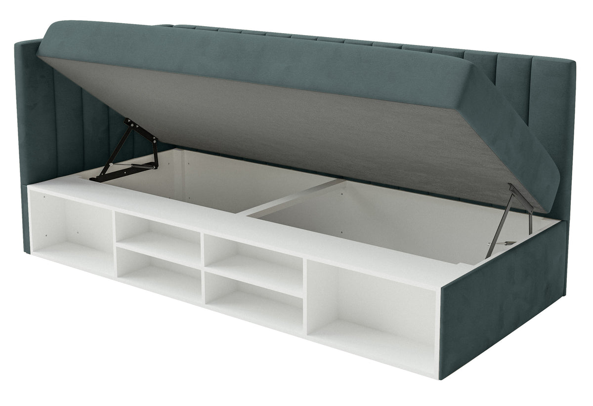 Lit 90x200 cm Ventrio pour adolescent, côté gauche, avec rangement et étagères, velours hydrofuge bleu-gris facile à nettoyer