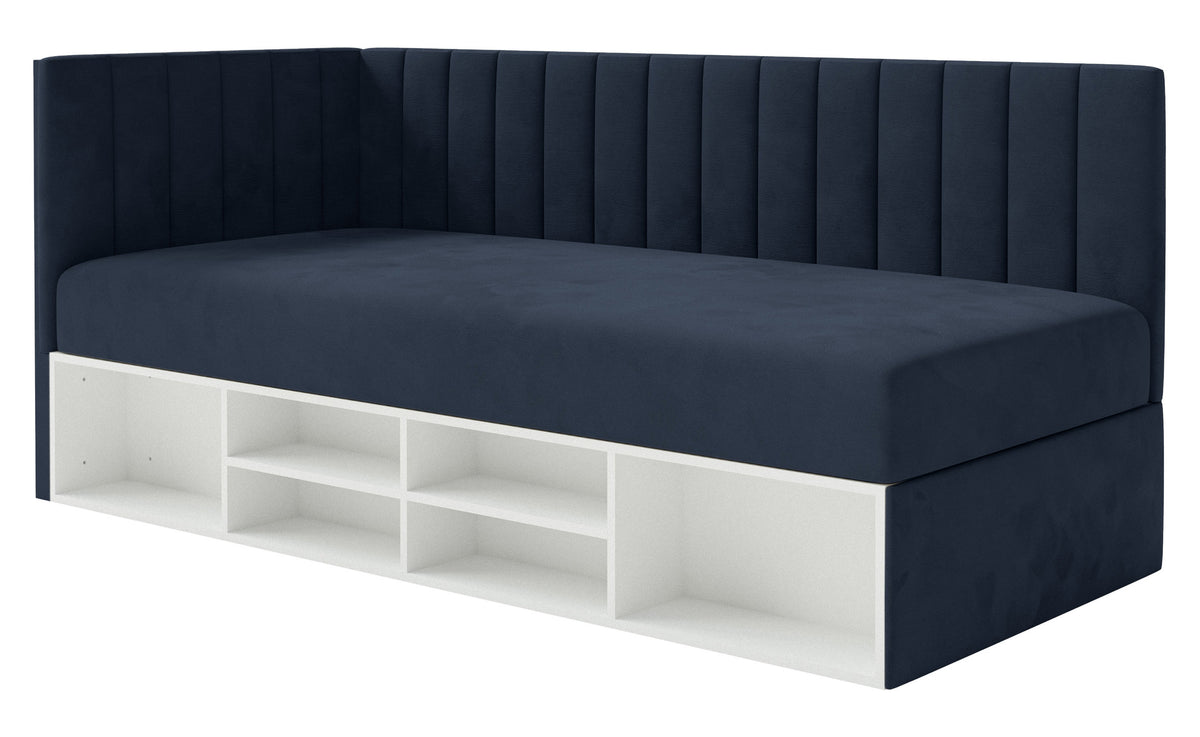 Lit pour adolescent 90x200 cm Ventrio gauche avec rangement et étagères, velours hydrofuge bleu marine facile à nettoyer