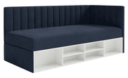 Lit jeune 90x200 cm Ventrio droit avec rangement et étagères velours hydrofuge bleu marine facile à nettoyer