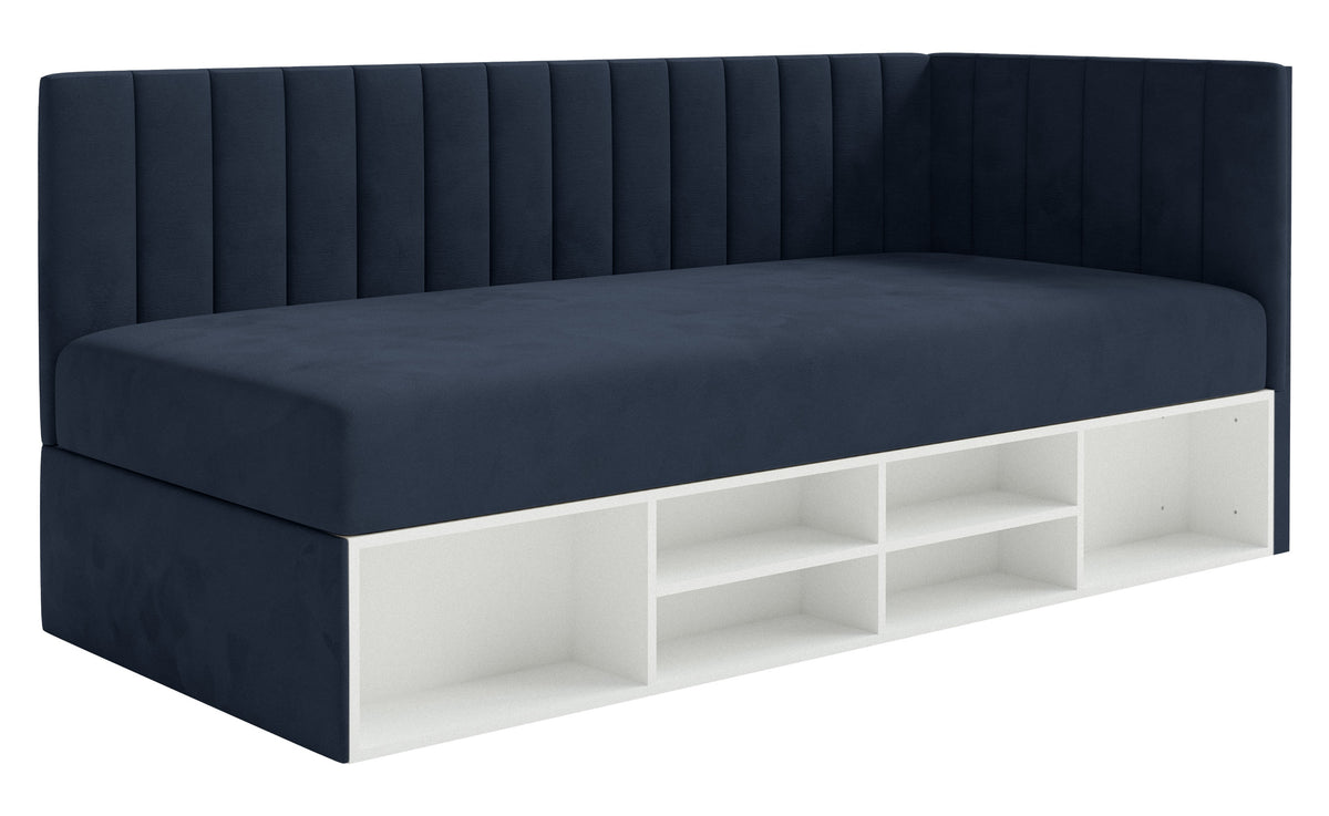 Lit jeune 90x200 cm Ventrio droit avec rangement et étagères velours hydrofuge bleu marine facile à nettoyer