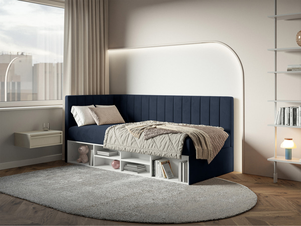 Lit pour adolescent 90x200 cm Ventrio gauche avec rangement et étagères, velours hydrofuge bleu marine facile à nettoyer