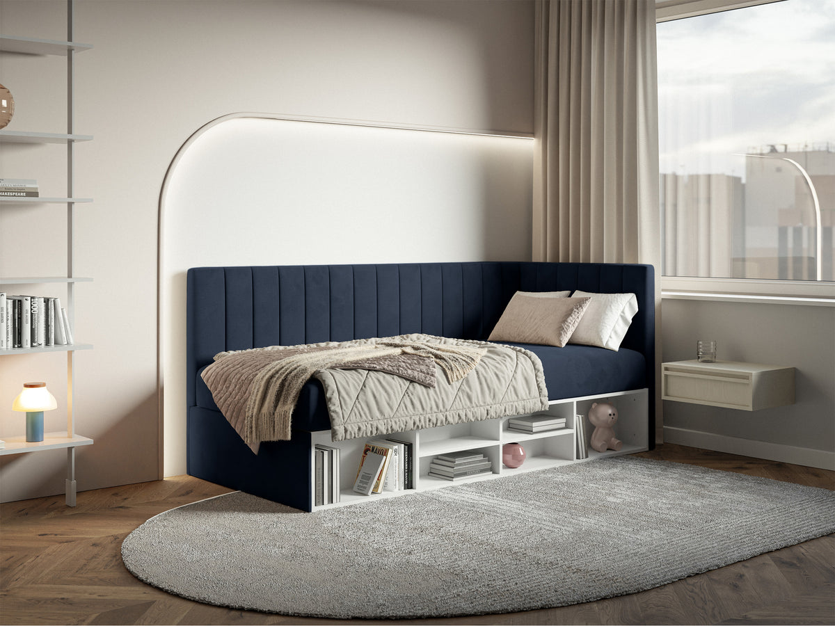 Lit jeune 90x200 cm Ventrio droit avec rangement et étagères velours hydrofuge bleu marine facile à nettoyer