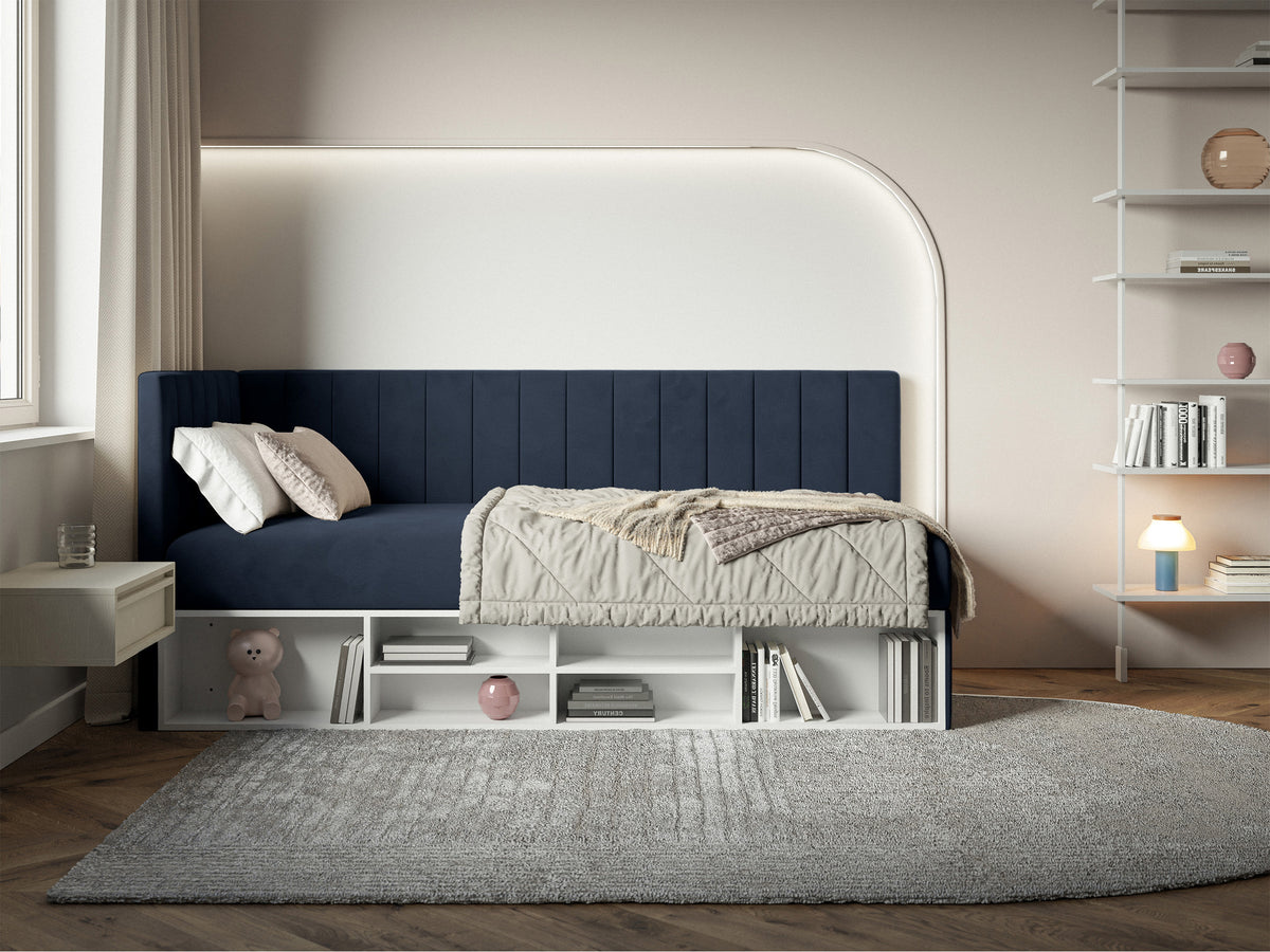 Lit pour adolescent 90x200 cm Ventrio gauche avec rangement et étagères, velours hydrofuge bleu marine facile à nettoyer
