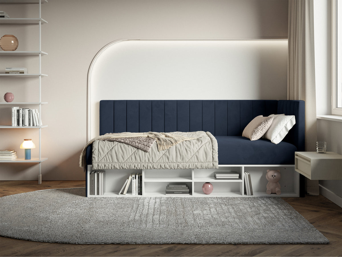 Lit jeune 90x200 cm Ventrio droit avec rangement et étagères velours hydrofuge bleu marine facile à nettoyer