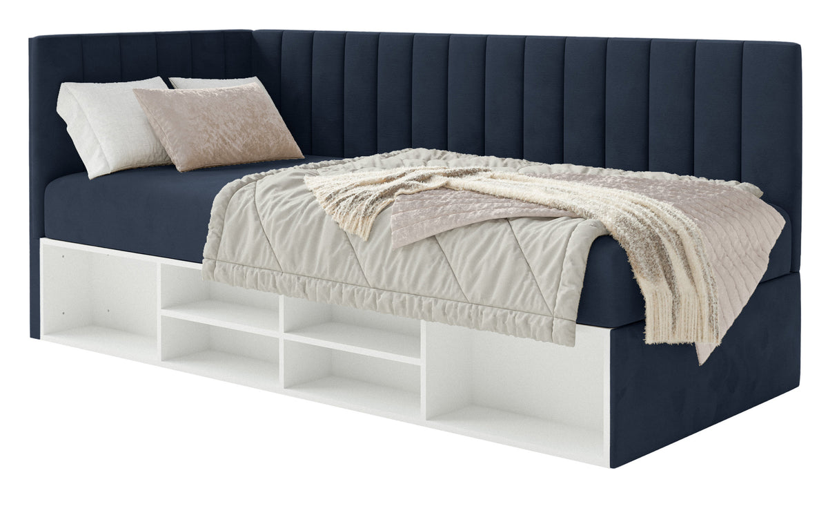 Lit pour adolescent 90x200 cm Ventrio gauche avec rangement et étagères, velours hydrofuge bleu marine facile à nettoyer