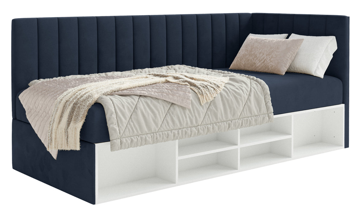 Lit jeune 90x200 cm Ventrio droit avec rangement et étagères velours hydrofuge bleu marine facile à nettoyer