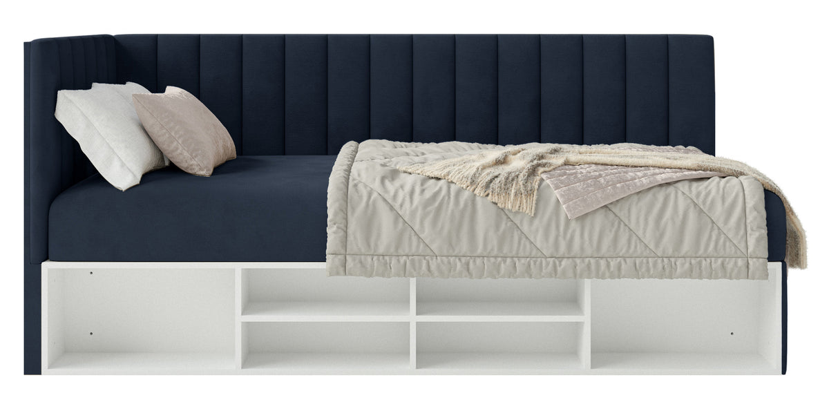 Lit pour adolescent 90x200 cm Ventrio gauche avec rangement et étagères, velours hydrofuge bleu marine facile à nettoyer