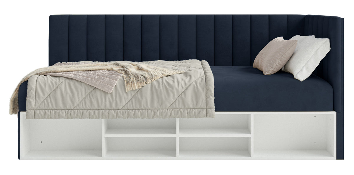 Lit jeune 90x200 cm Ventrio droit avec rangement et étagères velours hydrofuge bleu marine facile à nettoyer