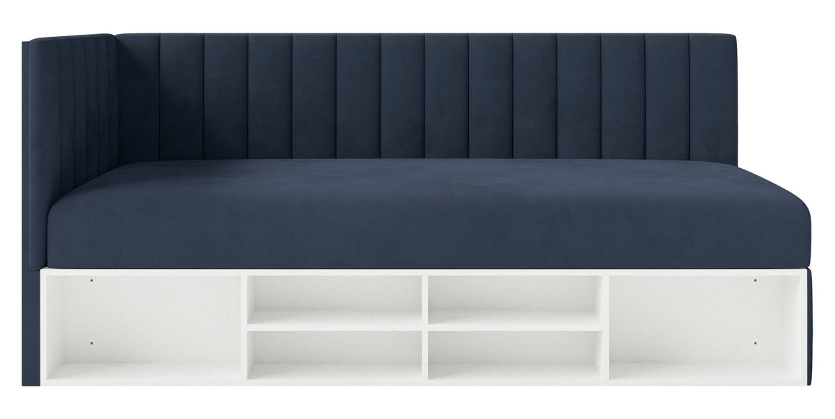 Lit pour adolescent 90x200 cm Ventrio gauche avec rangement et étagères, velours hydrofuge bleu marine facile à nettoyer