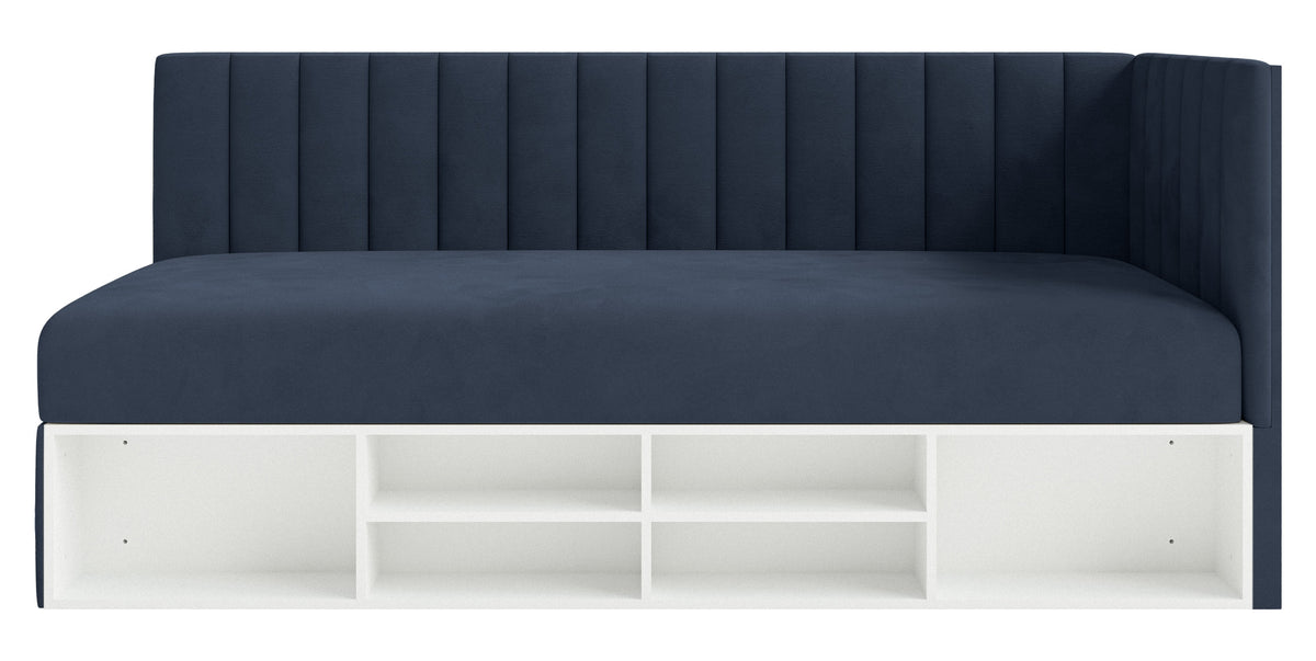 Lit jeune 90x200 cm Ventrio droit avec rangement et étagères velours hydrofuge bleu marine facile à nettoyer