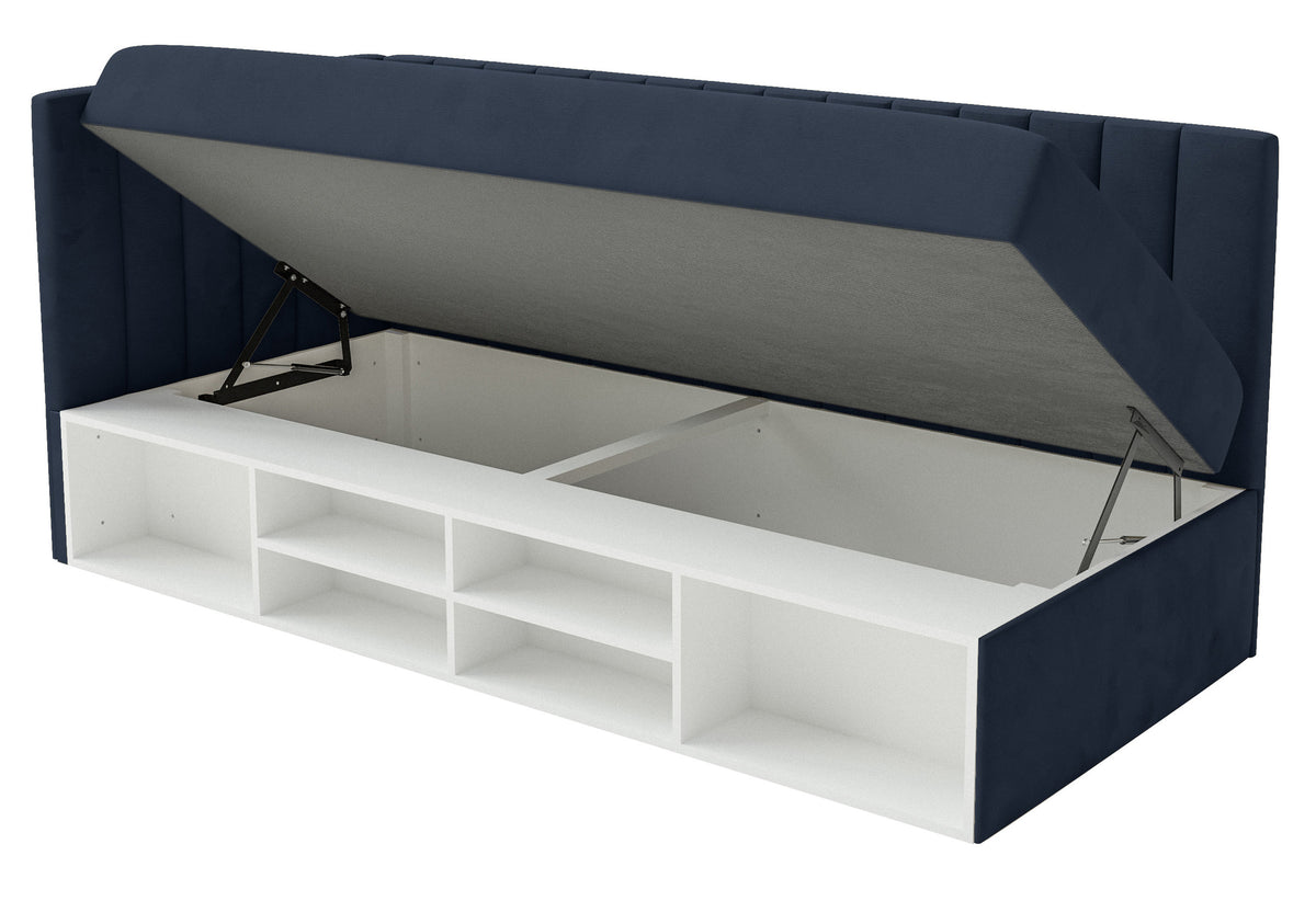 Lit pour adolescent 90x200 cm Ventrio gauche avec rangement et étagères, velours hydrofuge bleu marine facile à nettoyer