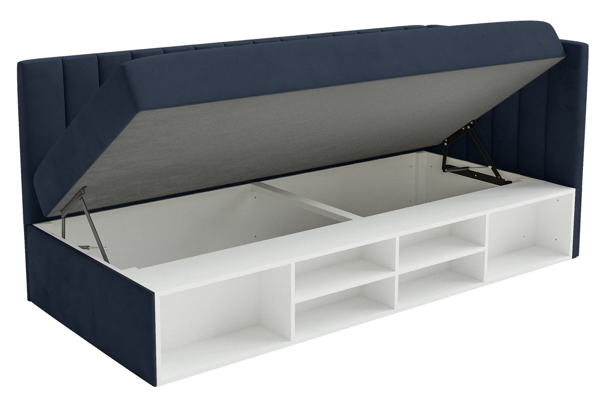 Lit jeune 90x200 cm Ventrio droit avec rangement et étagères velours hydrofuge bleu marine facile à nettoyer