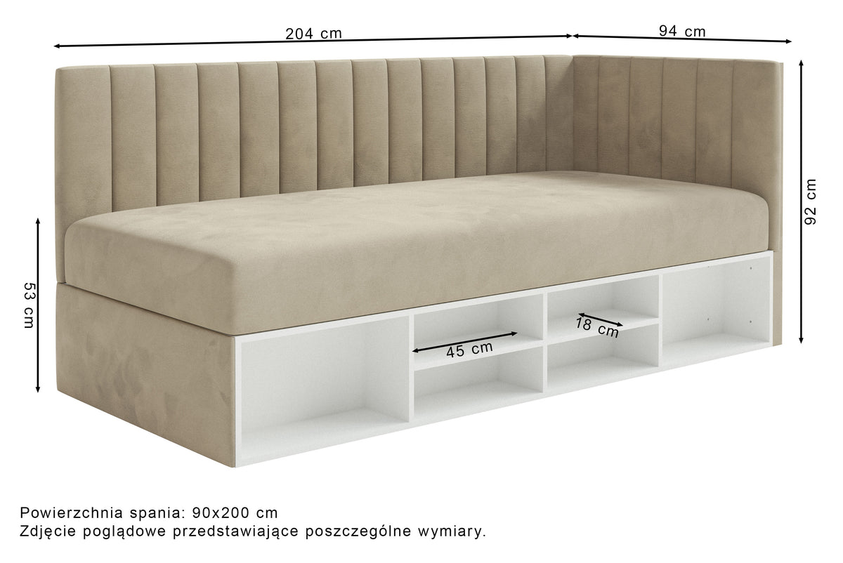Jugendbett 90x200 cm Ventrio rechtsseitig mit Stauraum und Regalen, rosa Velours, wasserabweisend und pflegeleicht