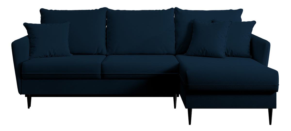 Canapé d'angle Volio velours hydrofuge bleu marine avec fonction couchage, pieds noirs