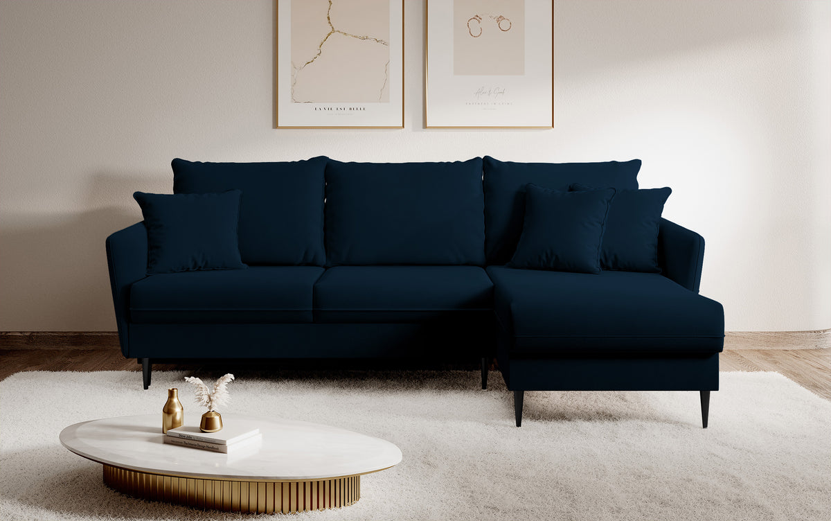 Canapé d'angle Volio velours hydrofuge bleu marine avec fonction couchage, pieds noirs