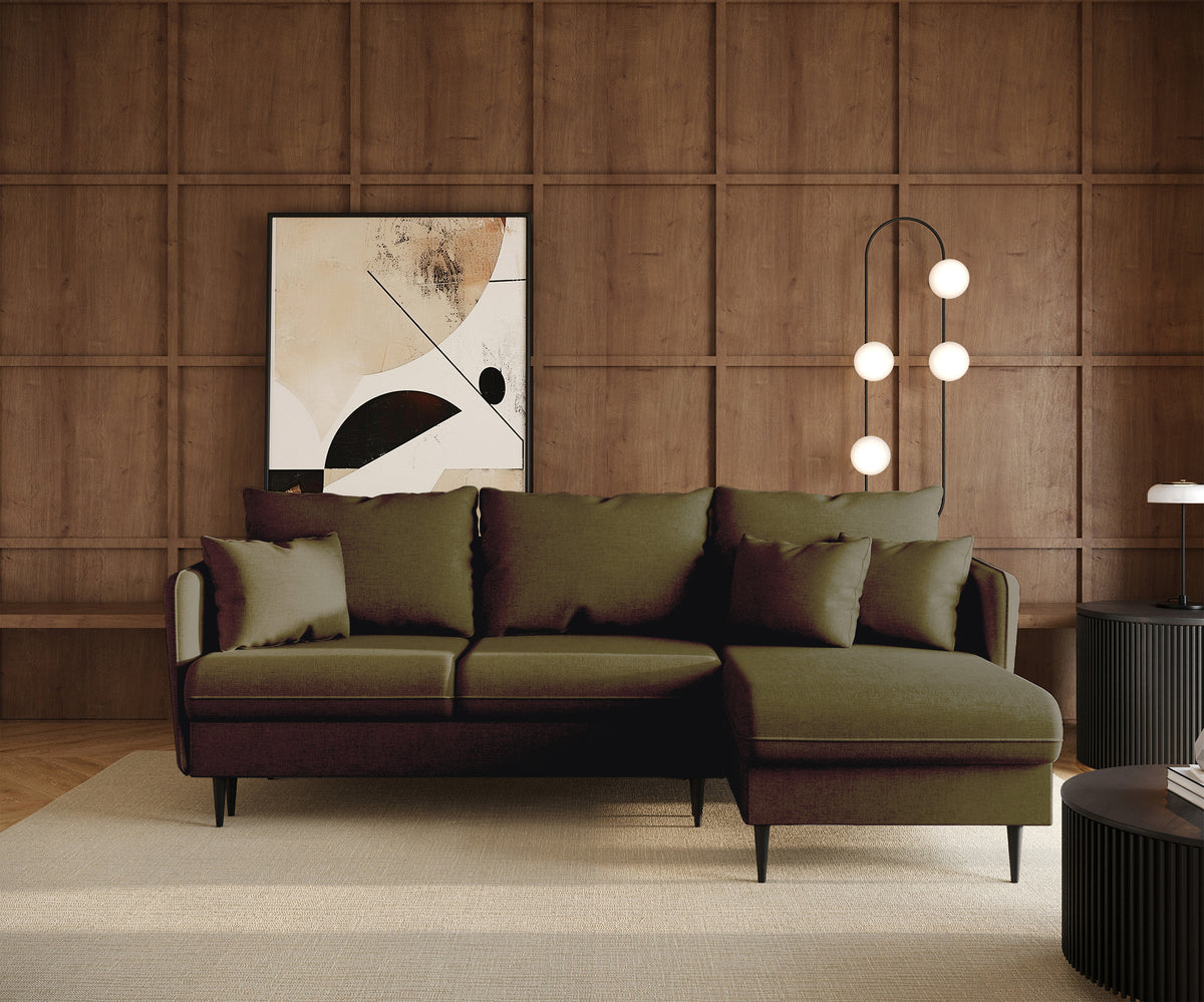 Canapé d'angle Volio L avec fonction couchage, tissu chenille olive, pieds noirs