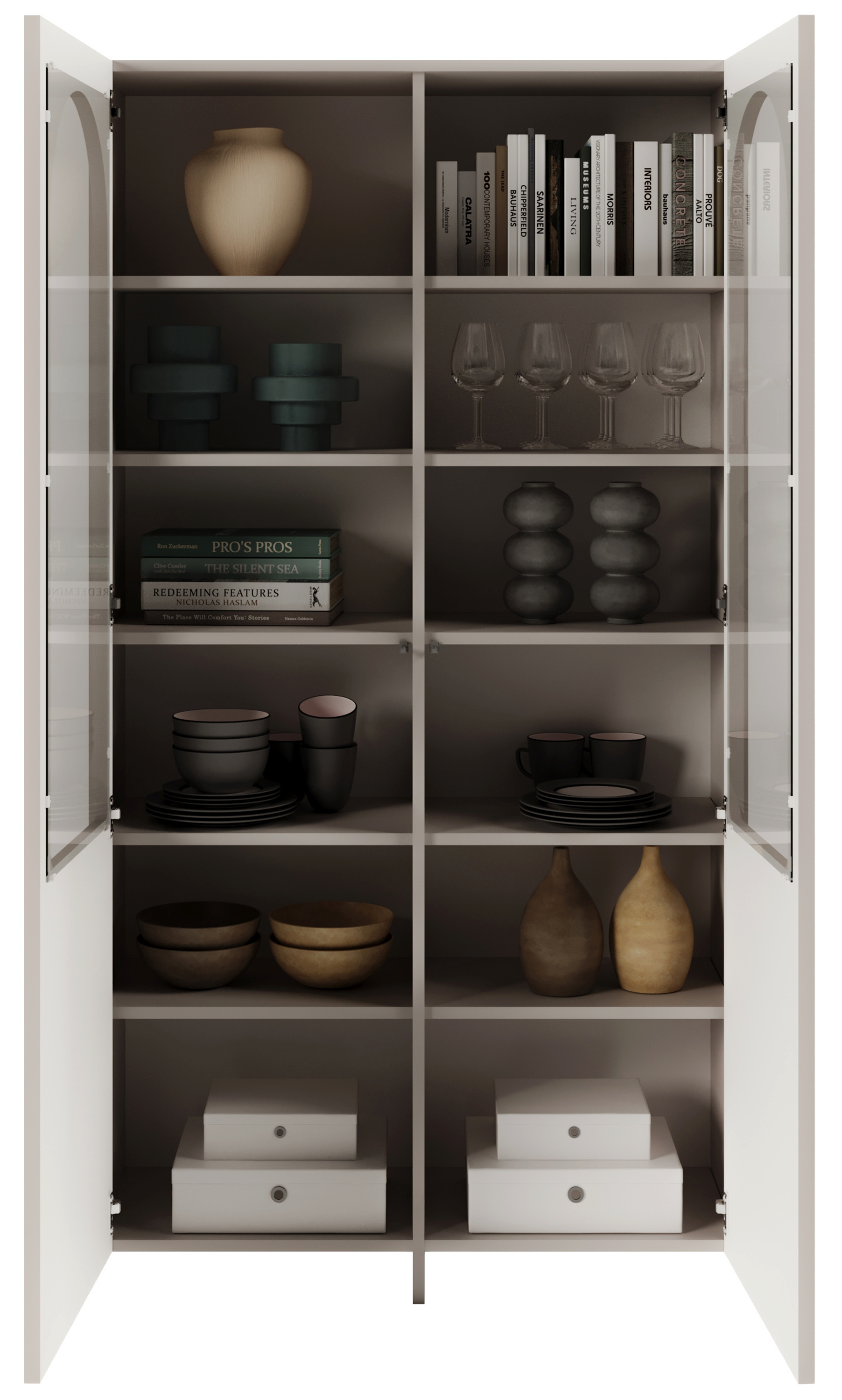 Zweiflügeliger Arkadia-Schrank mit gefrästen und verglasten Fronten, 100 cm, Kaschmirfarben