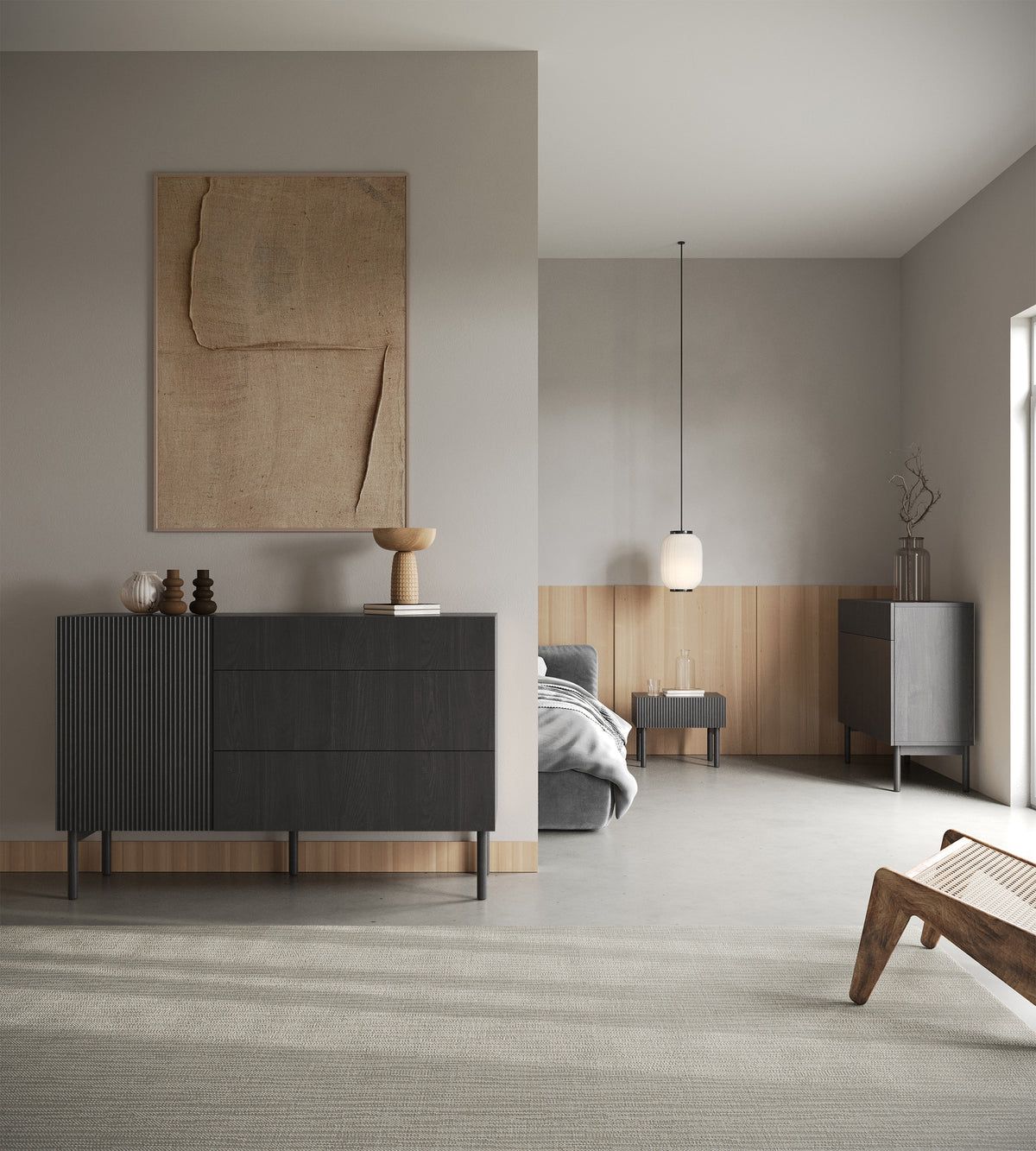 Commode 1 porte Nolie avec trois tiroirs 140 cm Frêne Portland Noir