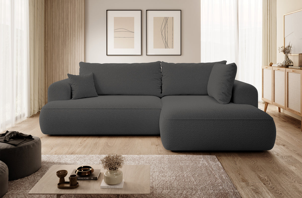 Canapé d'angle convertible Ovo en boucle gris foncé avec accoudoir et coffre, version droite