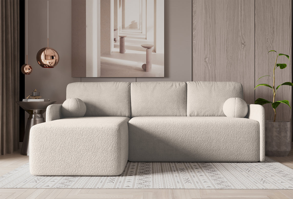 Canapé d'angle L Bloom avec fonction couchage et coffre de rangement, beige boucle, universel