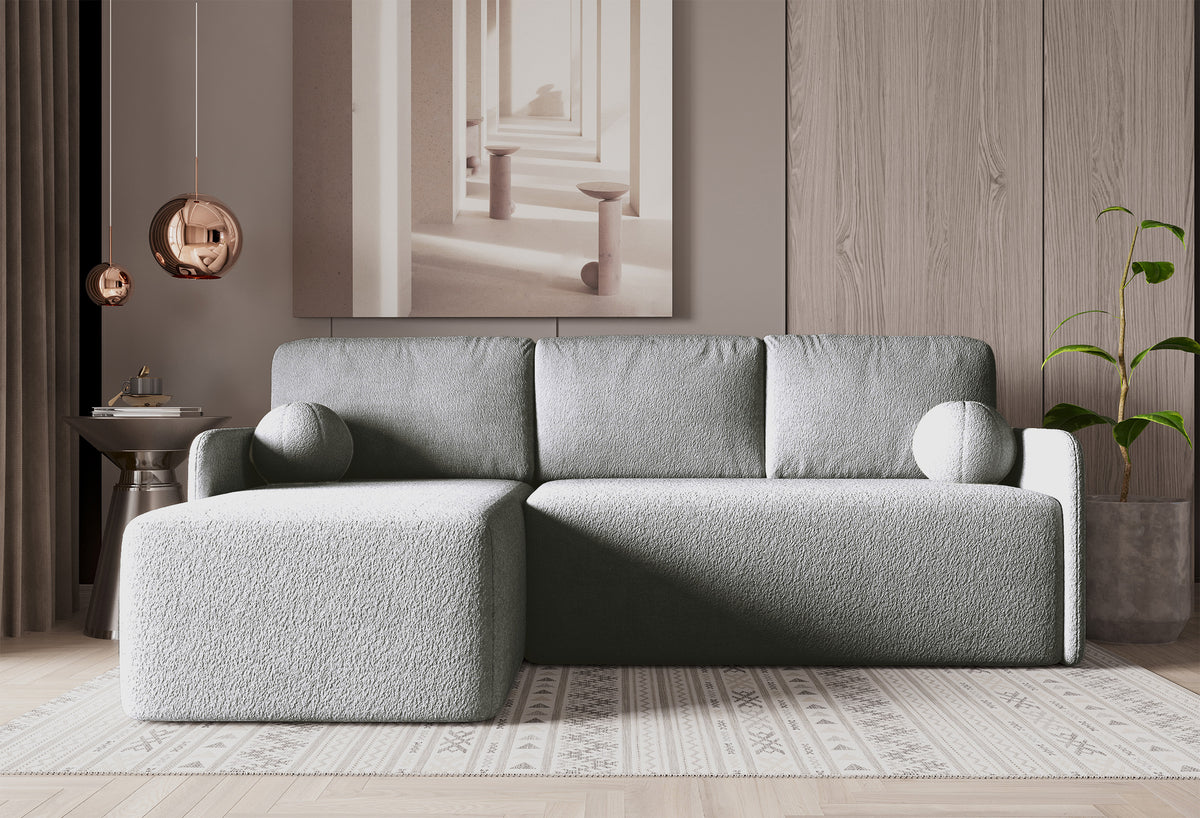 Canapé d'angle convertible Bloom en boucle gris avec rangement, réversible