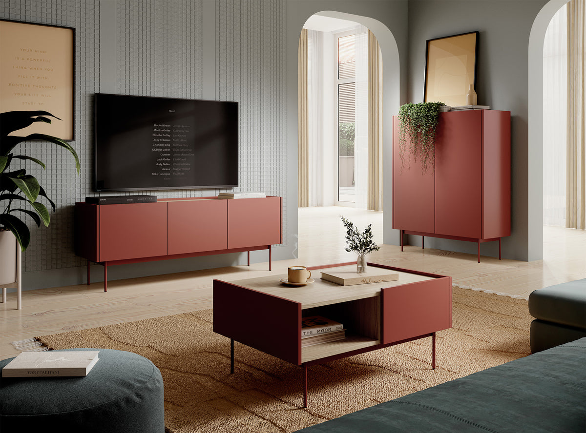 Commode haute Color 97 cm 2 portes Brique / Chêne Linea