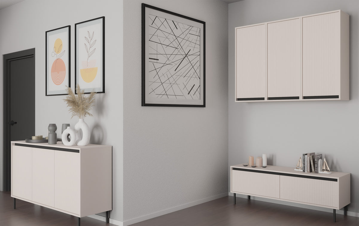 TV-Schrank Osaka mit zwei Schubladen und gerillten Fronten, 140 cm, sandbeige auf schwarzen Beinen