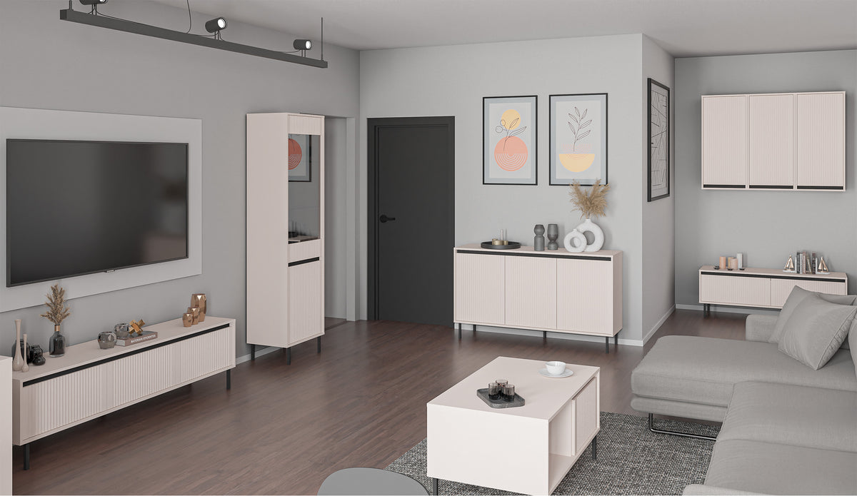 Zweiflügeliger Schrank Osaka mit geriffelter Front, 56 cm, sandbeige auf schwarzen Beinen