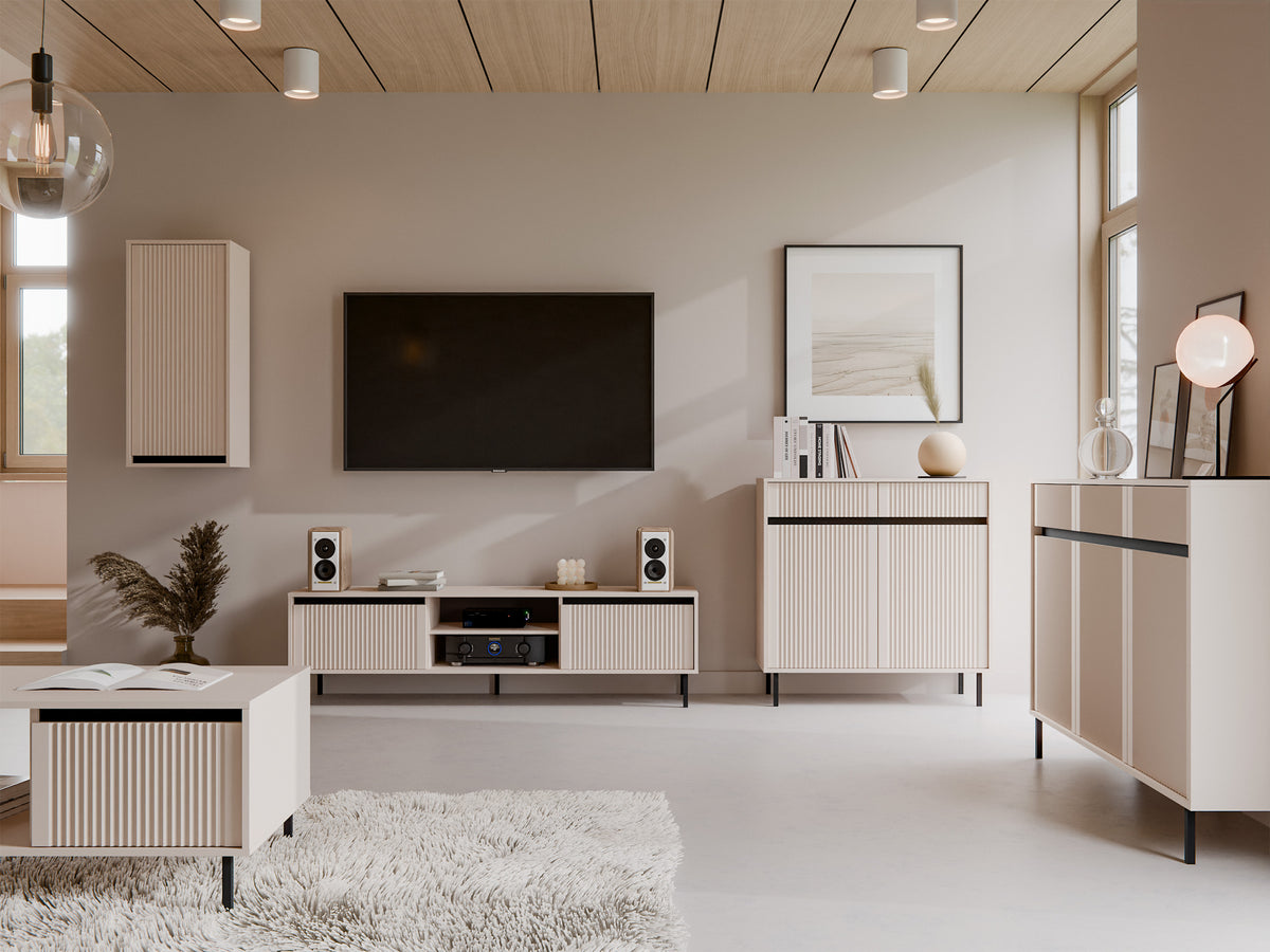 Zweiturige Kommode Osaka mit gerillten Fronten, 100 cm, sandbeige auf schwarzen Beinen