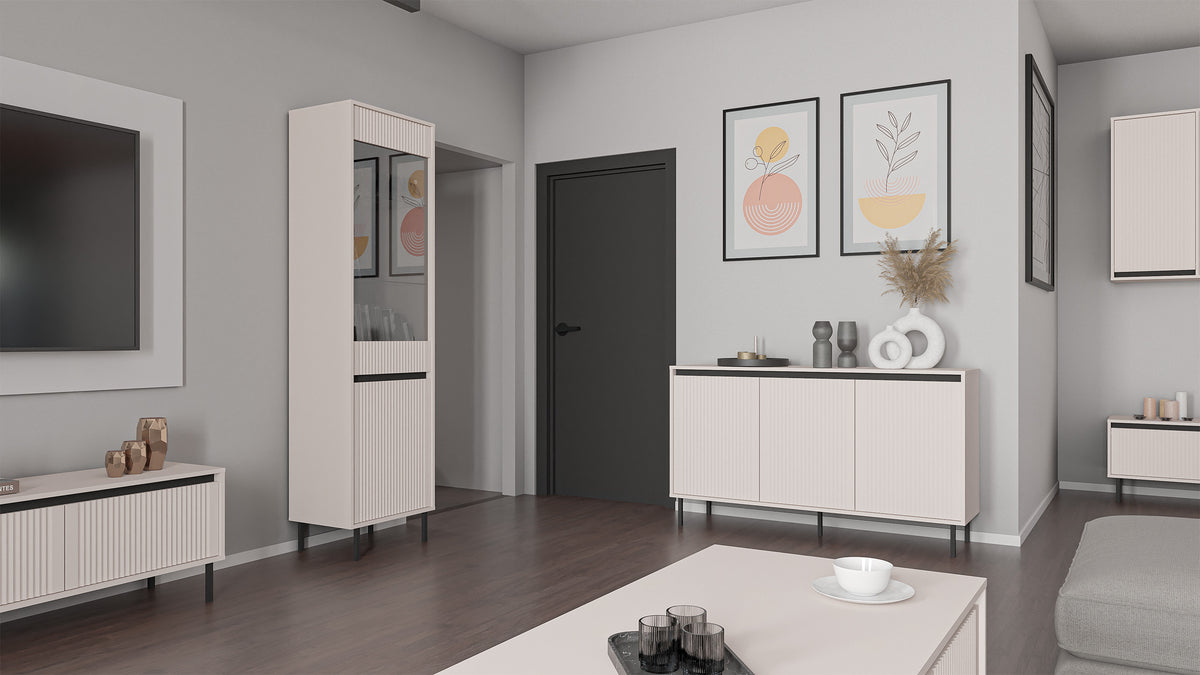 TV-Schrank Osaka mit zwei Schubladen und gerillten Fronten, 140 cm, sandbeige auf schwarzen Beinen