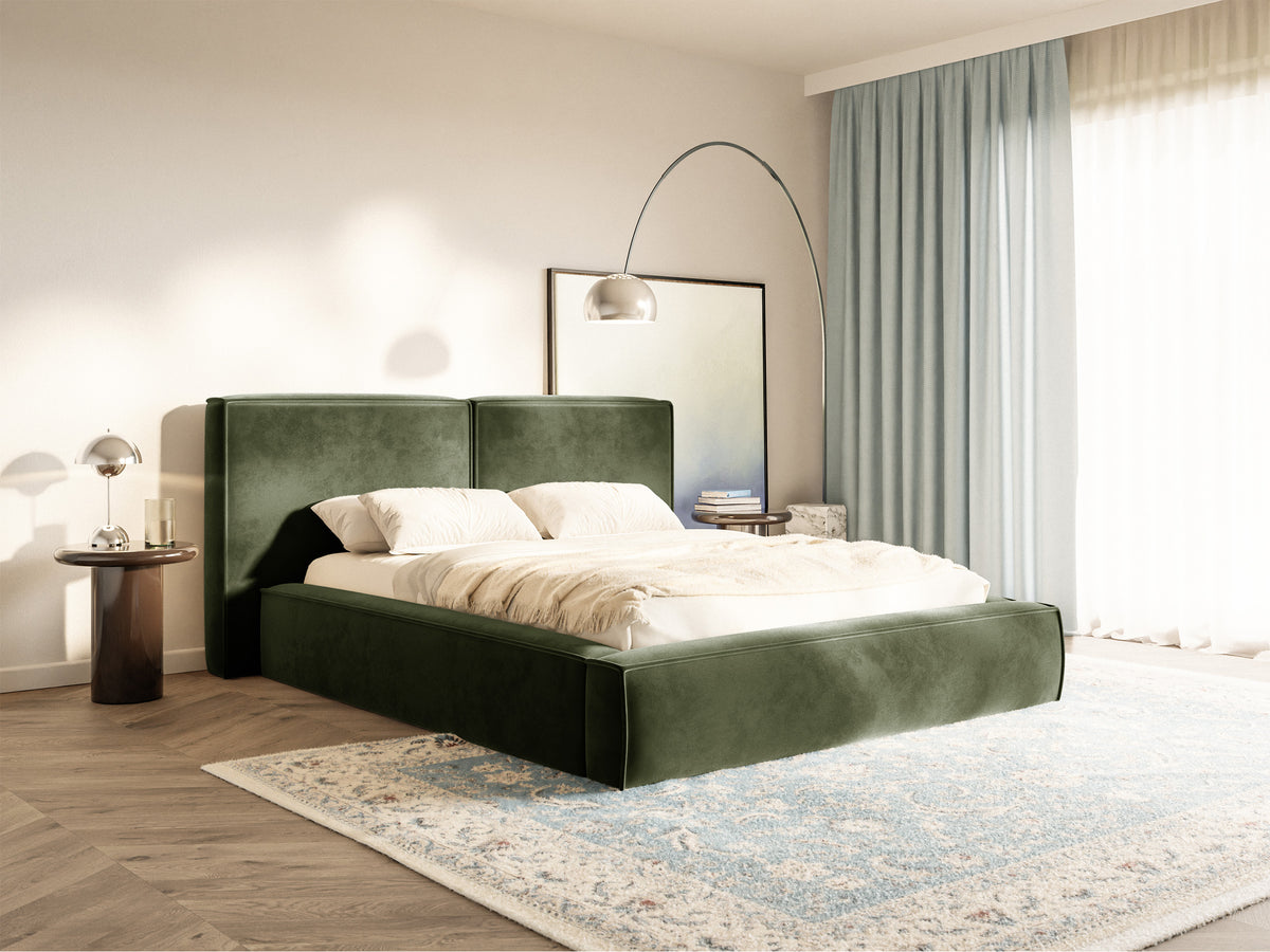 Polsterbett 200x200 cm Tilves mit Stauraum, Metallrahmen, olivgrüner Samt