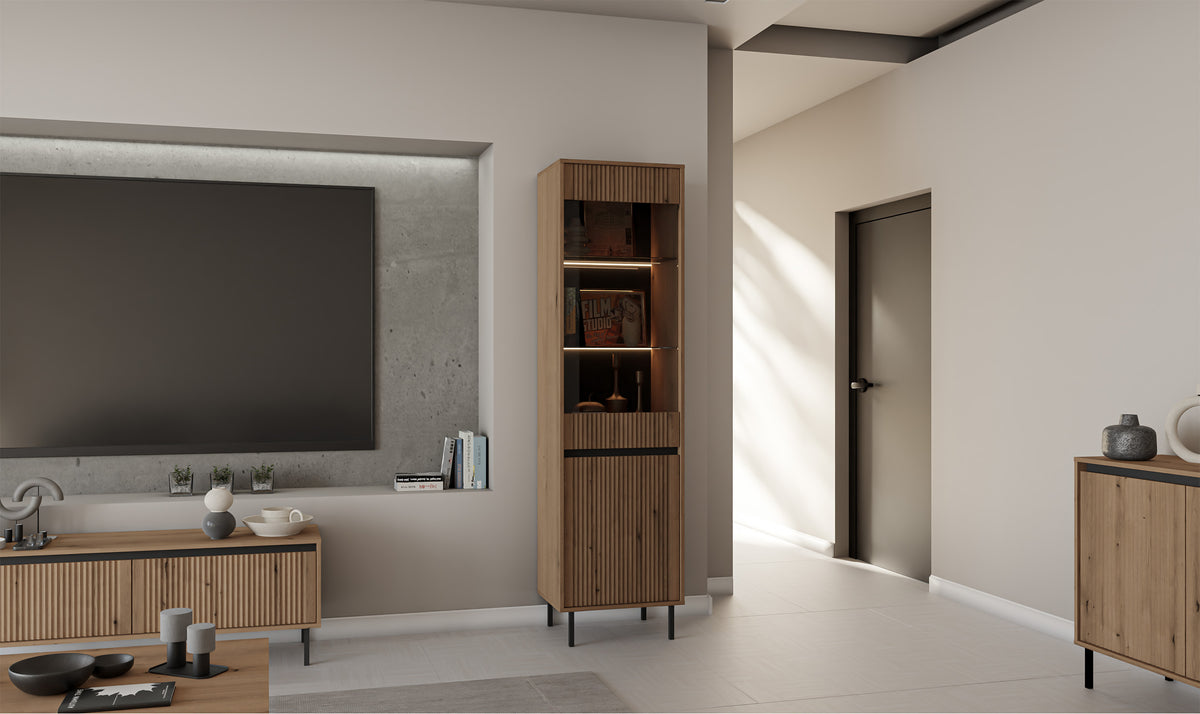 Commode deux portes Osaka avec façades rainurées 100 cm chêne evoke sur pieds noirs