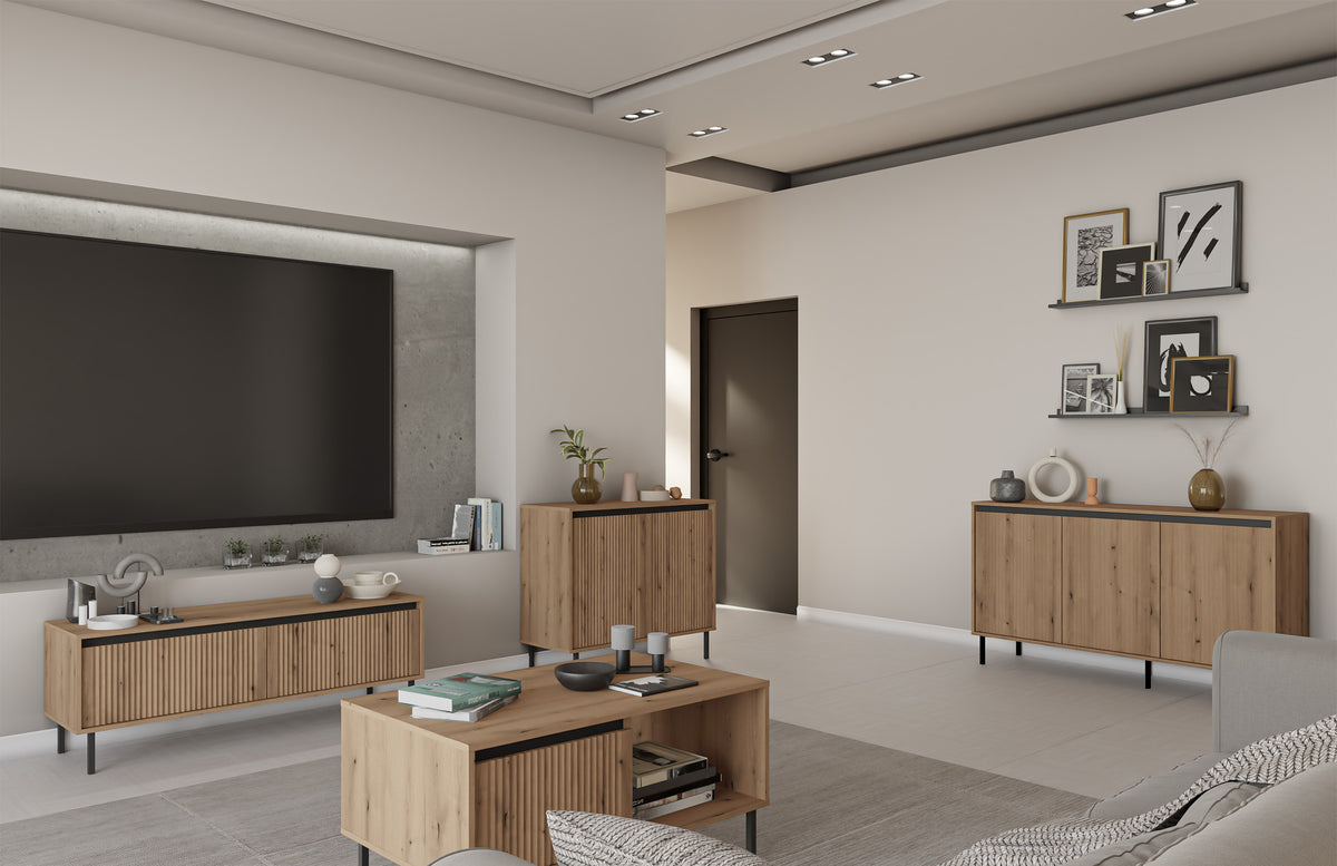 Commode deux portes Osaka avec façades rainurées 100 cm chêne evoke sur pieds noirs