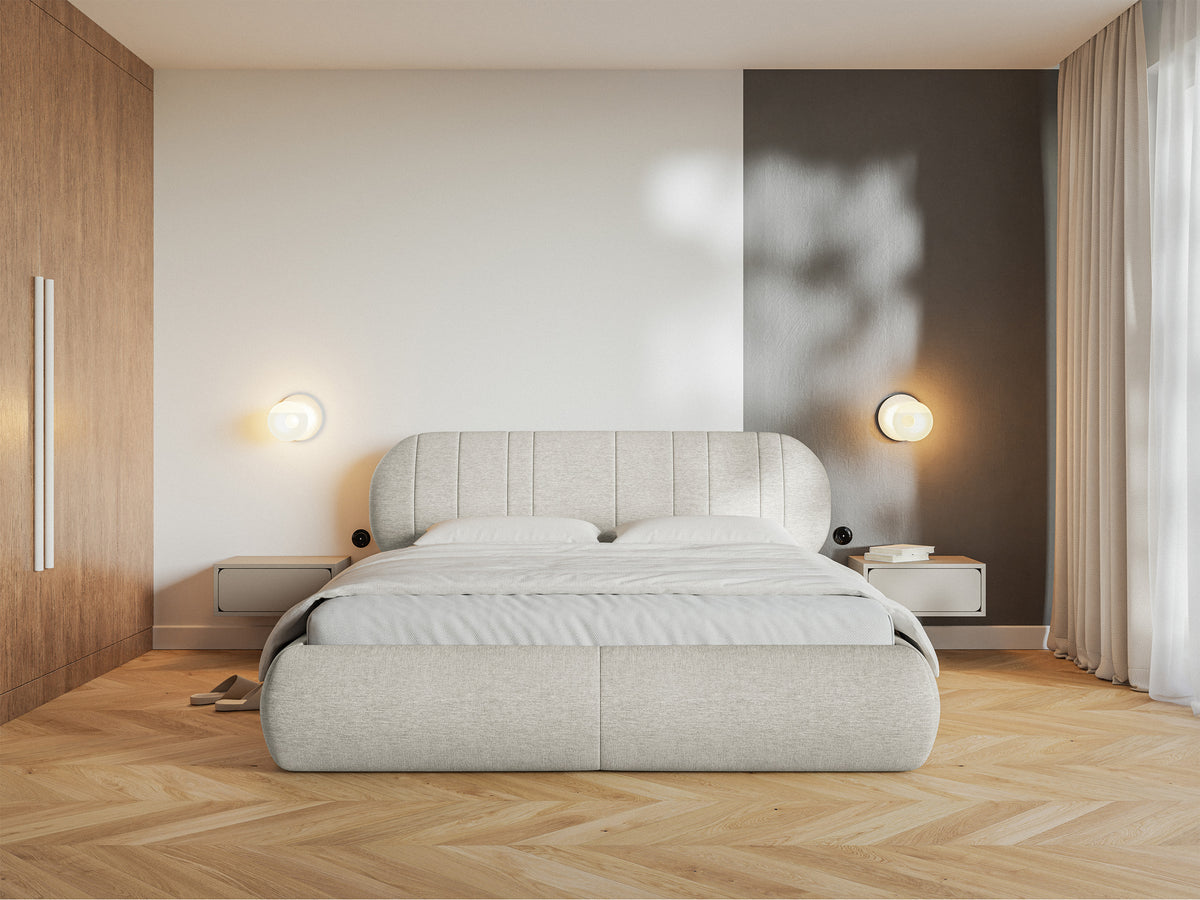 Lit tapissé 180x200 cm Asmelio avec rangement, cadre métallique, crème tressé