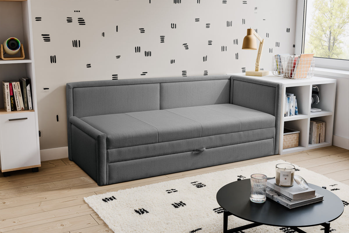 Lit jeune Caprili avec rangement, tissage gris foncé, universel