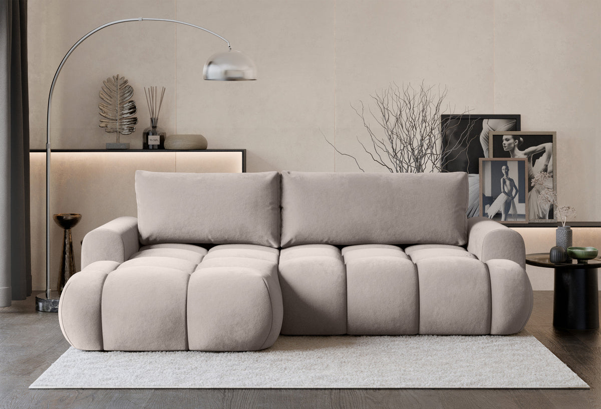 Canapé d'angle convertible Ombo Mini en L, côté gauche, avec coffre de rangement, velours hydrofuge gris beige