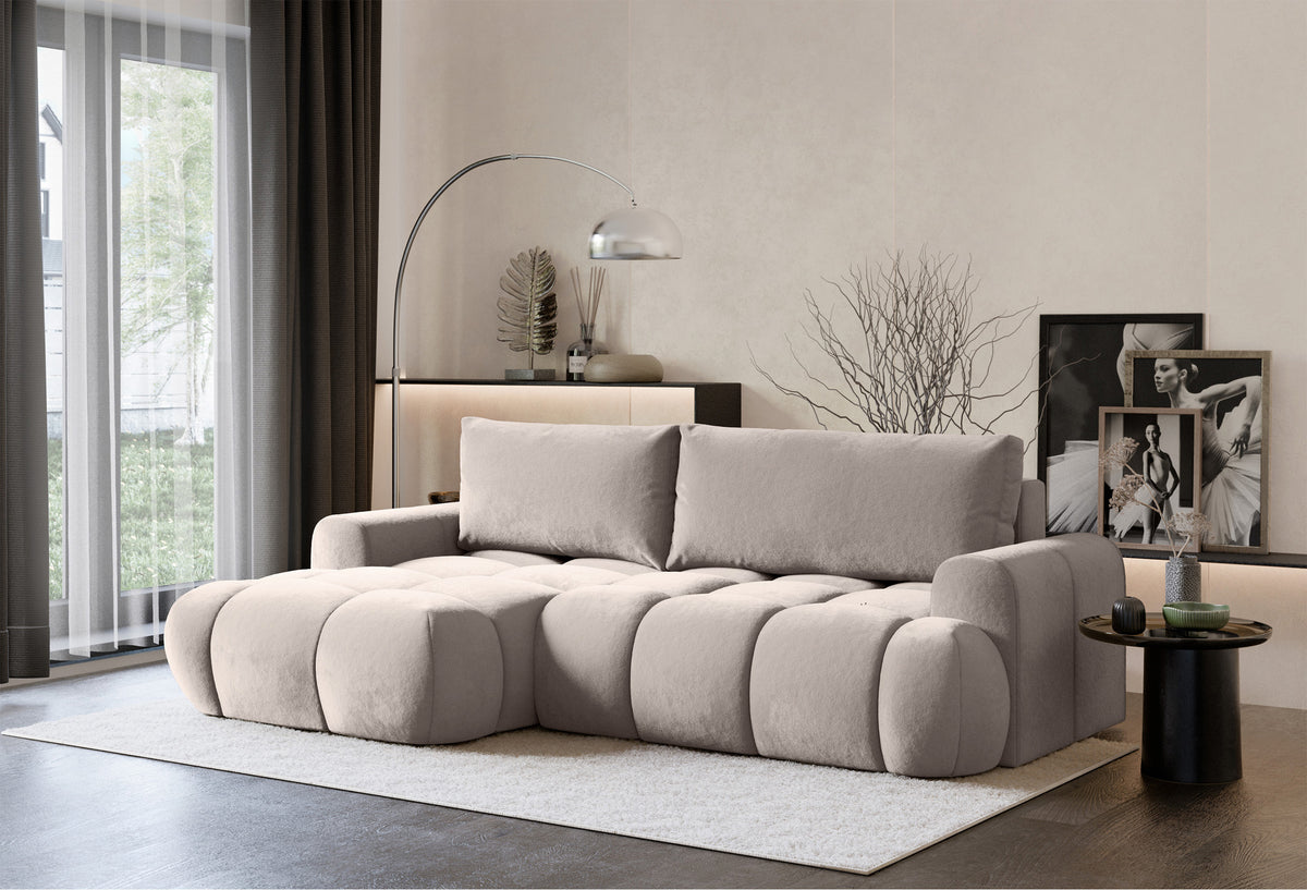 Ecksofa mit Schlaffunktion Ombo Mini, L-förmig, linksseitig, mit Stauraum, grau-beiger hydrophober Samt